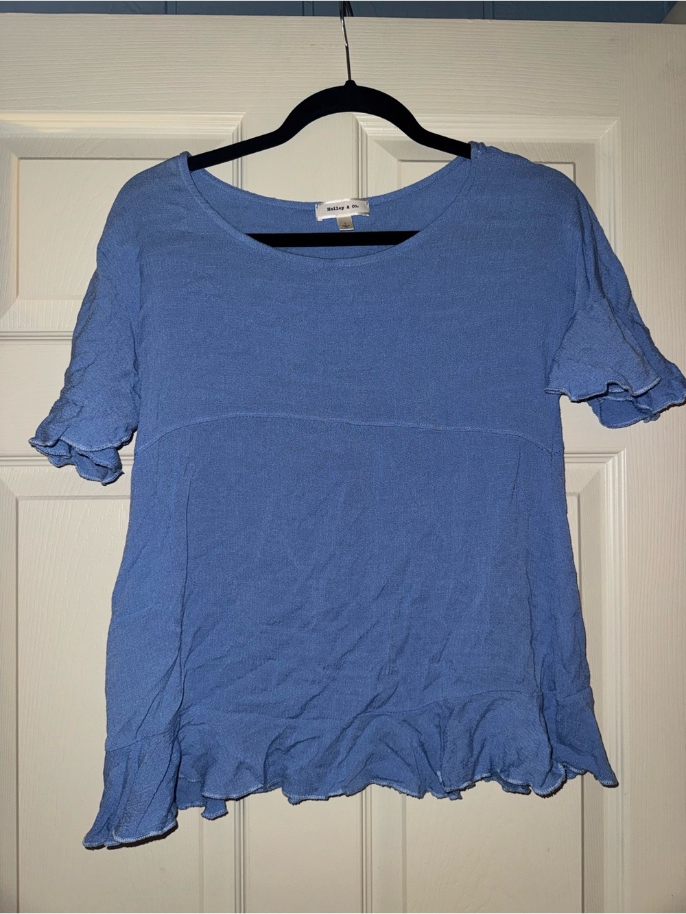 Hailey & Co. women’s blue solid scoop neck ruffle sleeve rayon blouse